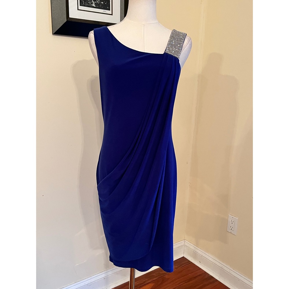 Betsy & Adam Royal Blue Rhinestone Detail Draped Cocktail Dress Size 6 - Picture 2 of 8